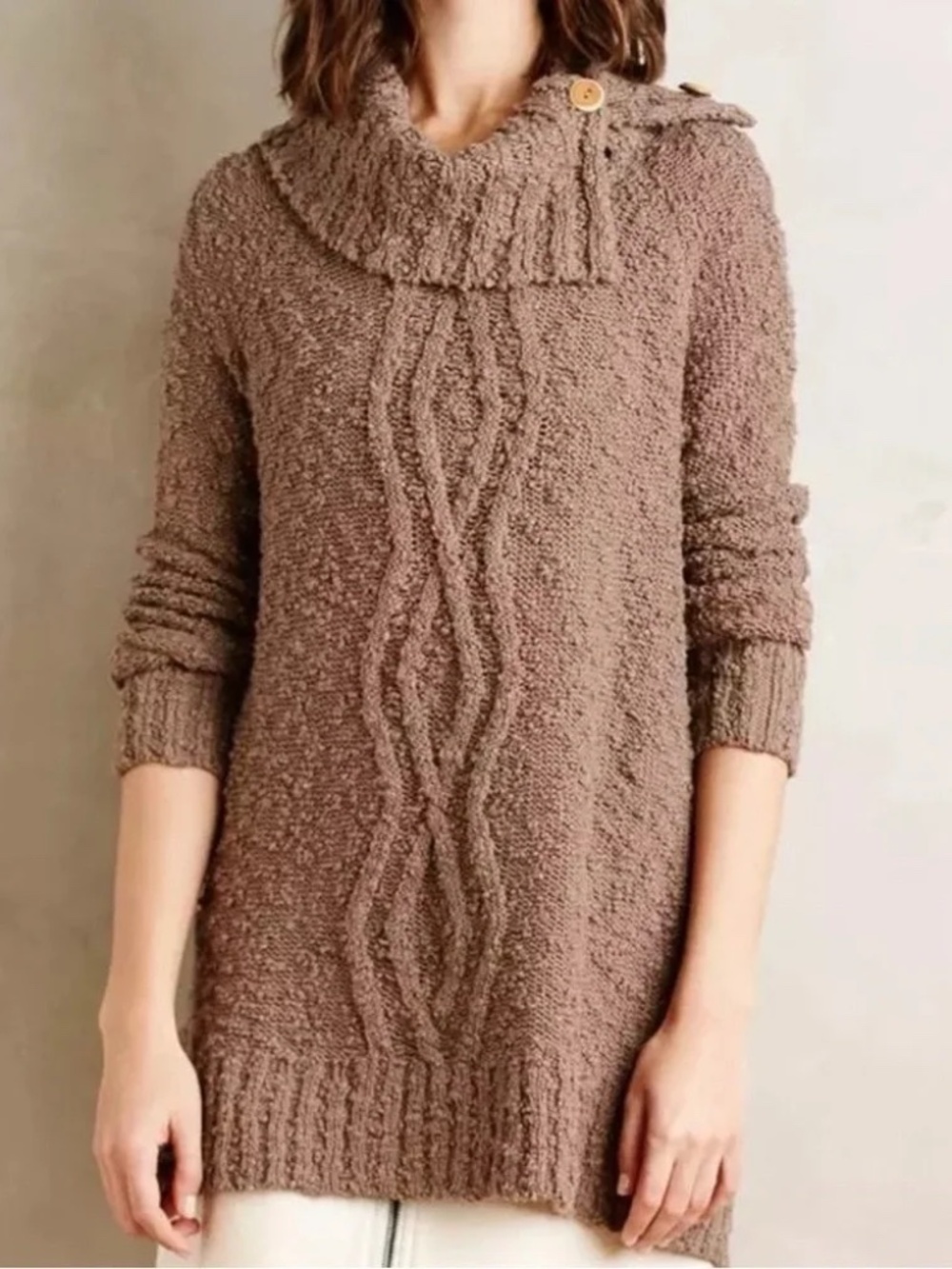 Anthropologie Moth Button Cowl Neck Cable Knit Sweater Taupe Brown Size Medium